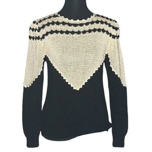 Nannell Hand Knit Sweater Womens Medium Black Cream Crochet Trim Vintage 80s